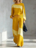 Colorblock Patchwork Crew Neck Long Sleeve Wide Leg Pant Set | Zaria Collection