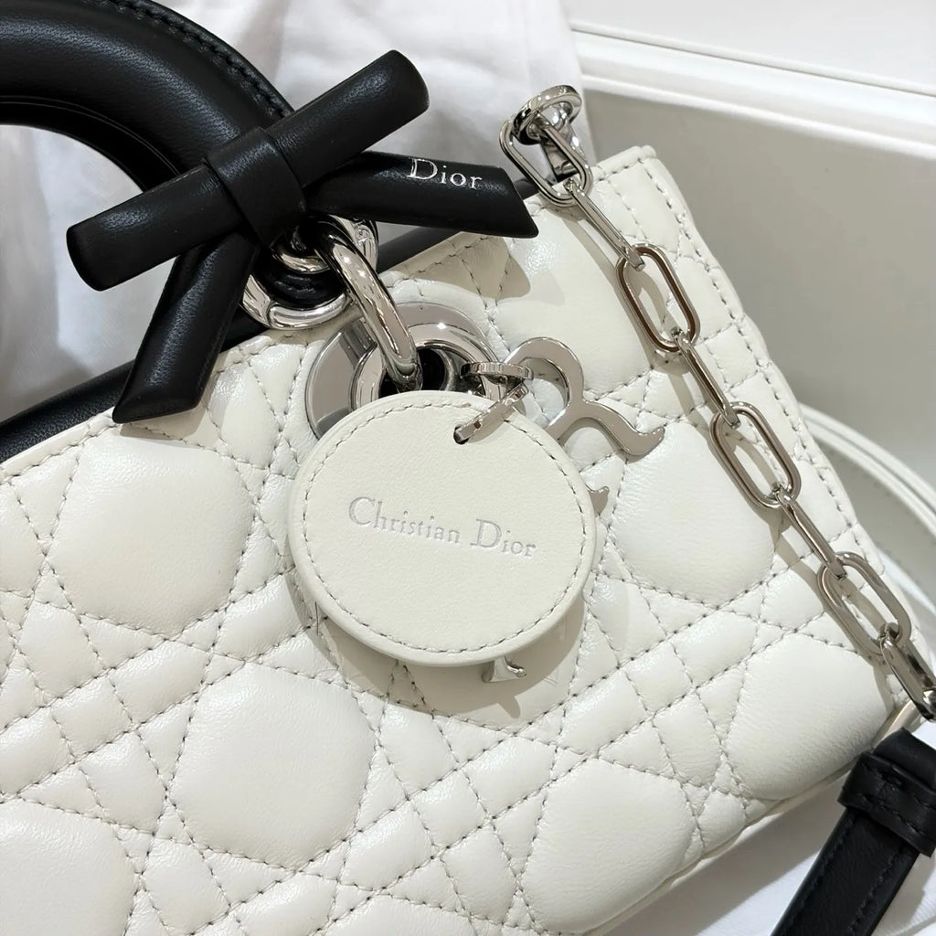 D-Joy 22 Bow Cannage Crossbody Shoulder Bag White Black