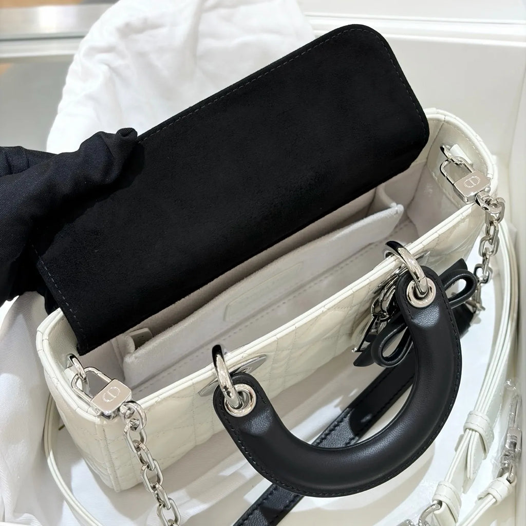 D-Joy 22 Bow Cannage Crossbody Shoulder Bag White Black