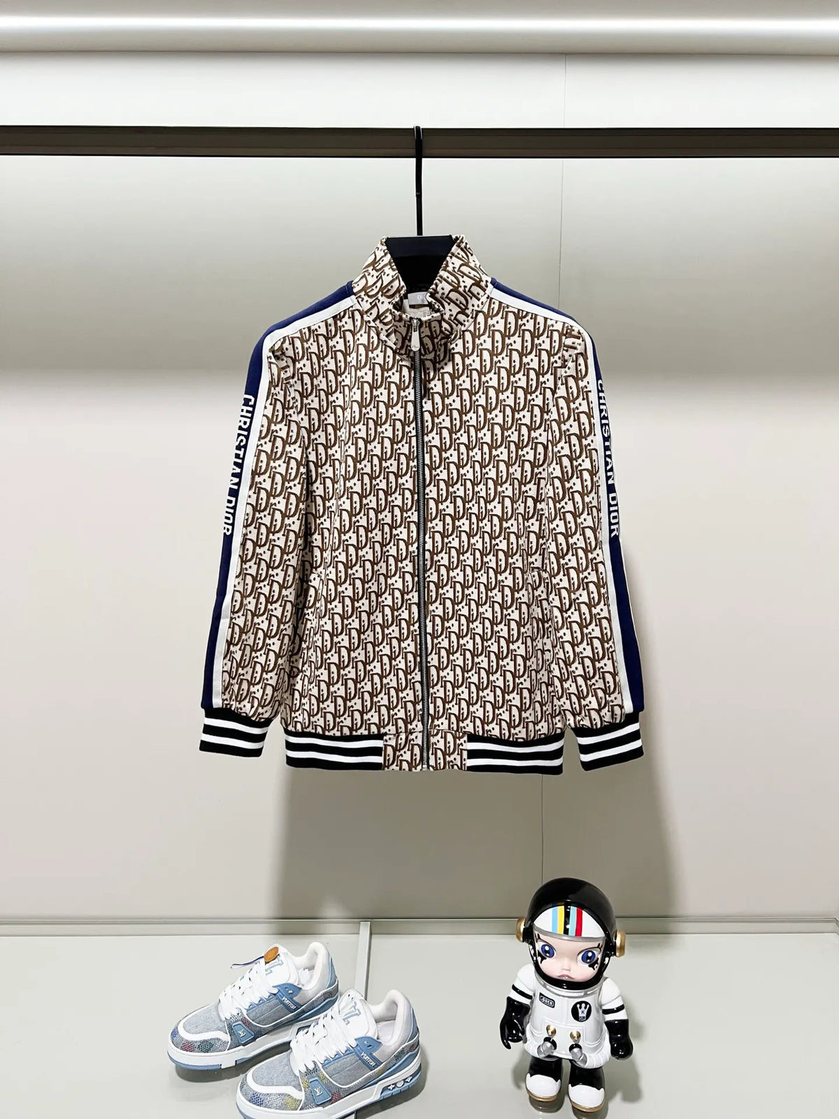 Dior Men's Oblique Logo Webbing Zip-Up Jacket Khaki