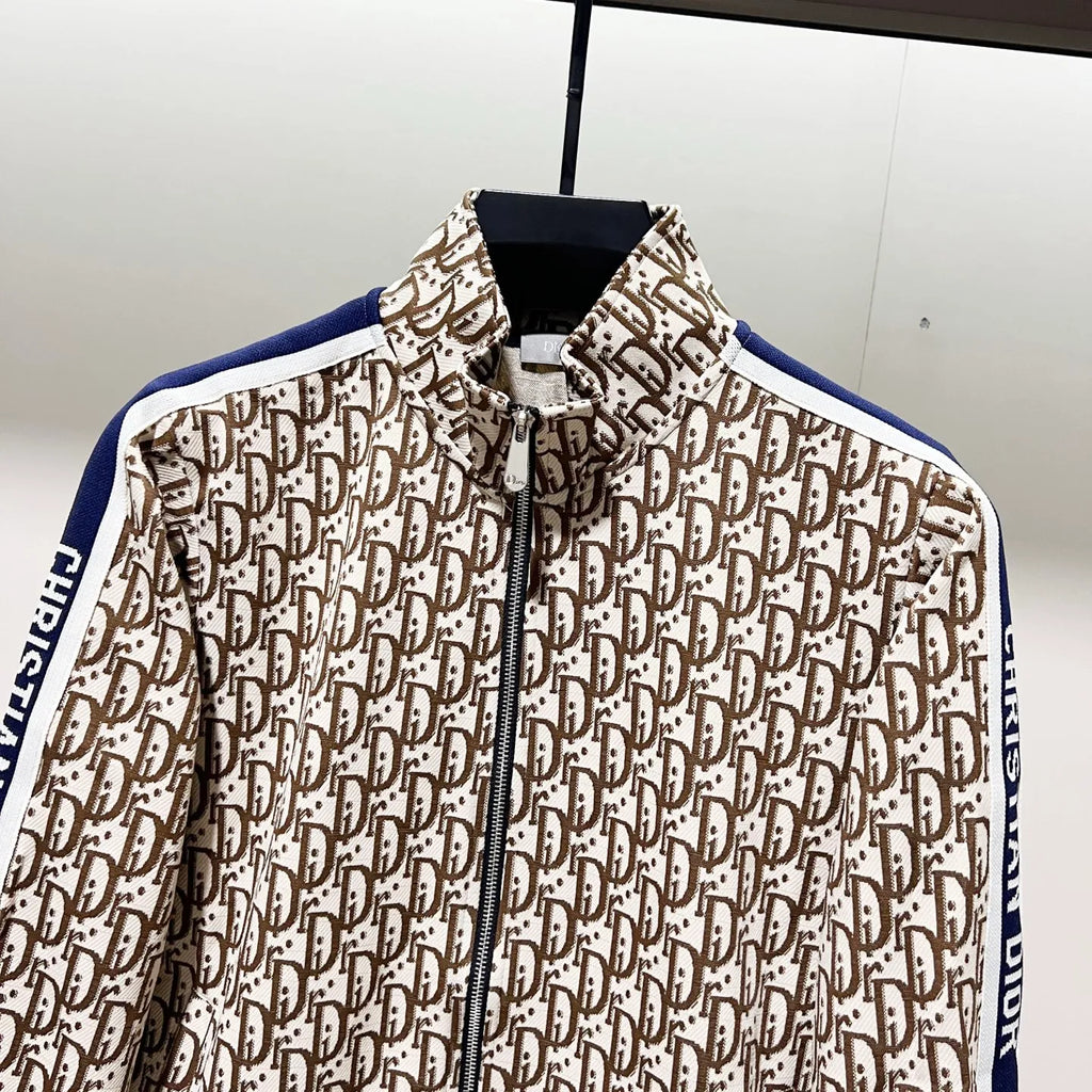 Dior Men's Oblique Logo Webbing Zip-Up Jacket Khaki