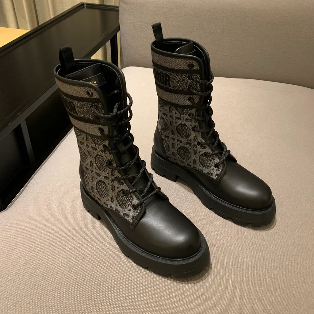 Dior Women's Ankle Boots Checkered Grey Technical Fabric Calfskin Leather 340571