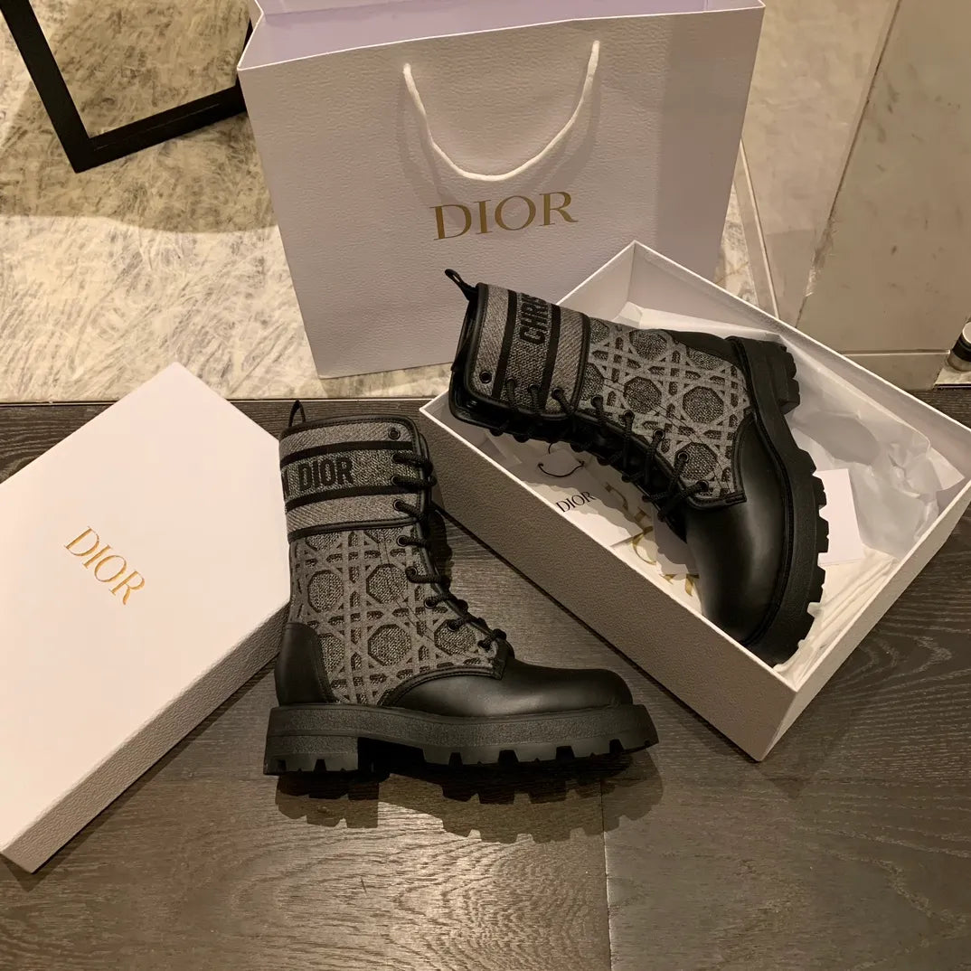 Dior Women's Ankle Boots Checkered Grey Technical Fabric Calfskin Leather 340571