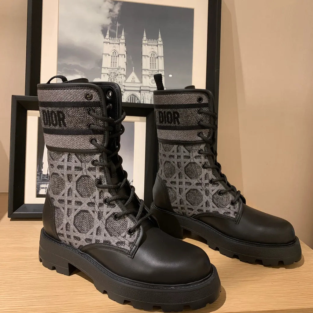 Dior Women's Ankle Boots Checkered Grey Technical Fabric Calfskin Leather 340571