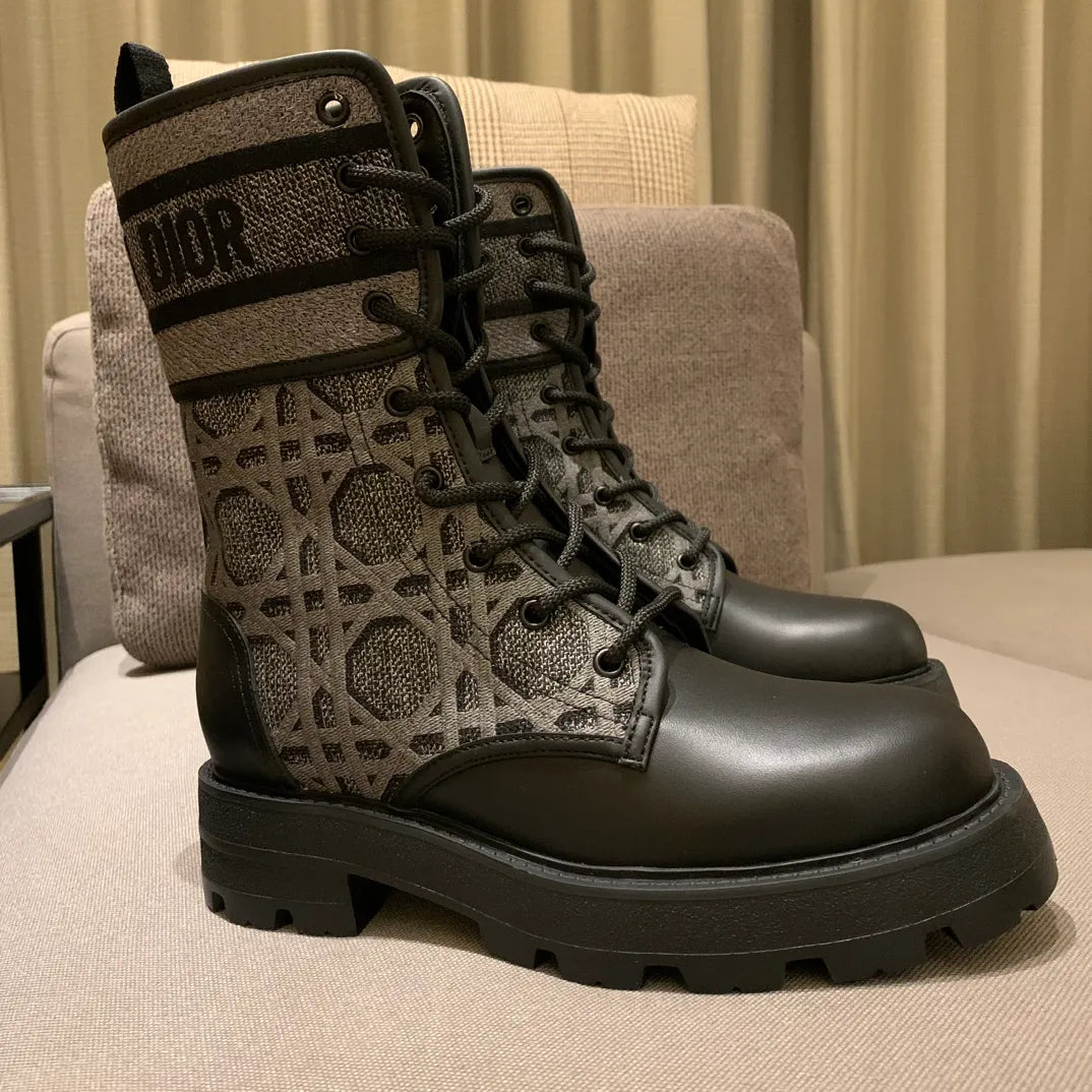 Dior Women's Ankle Boots Checkered Grey Technical Fabric Calfskin Leather 340571