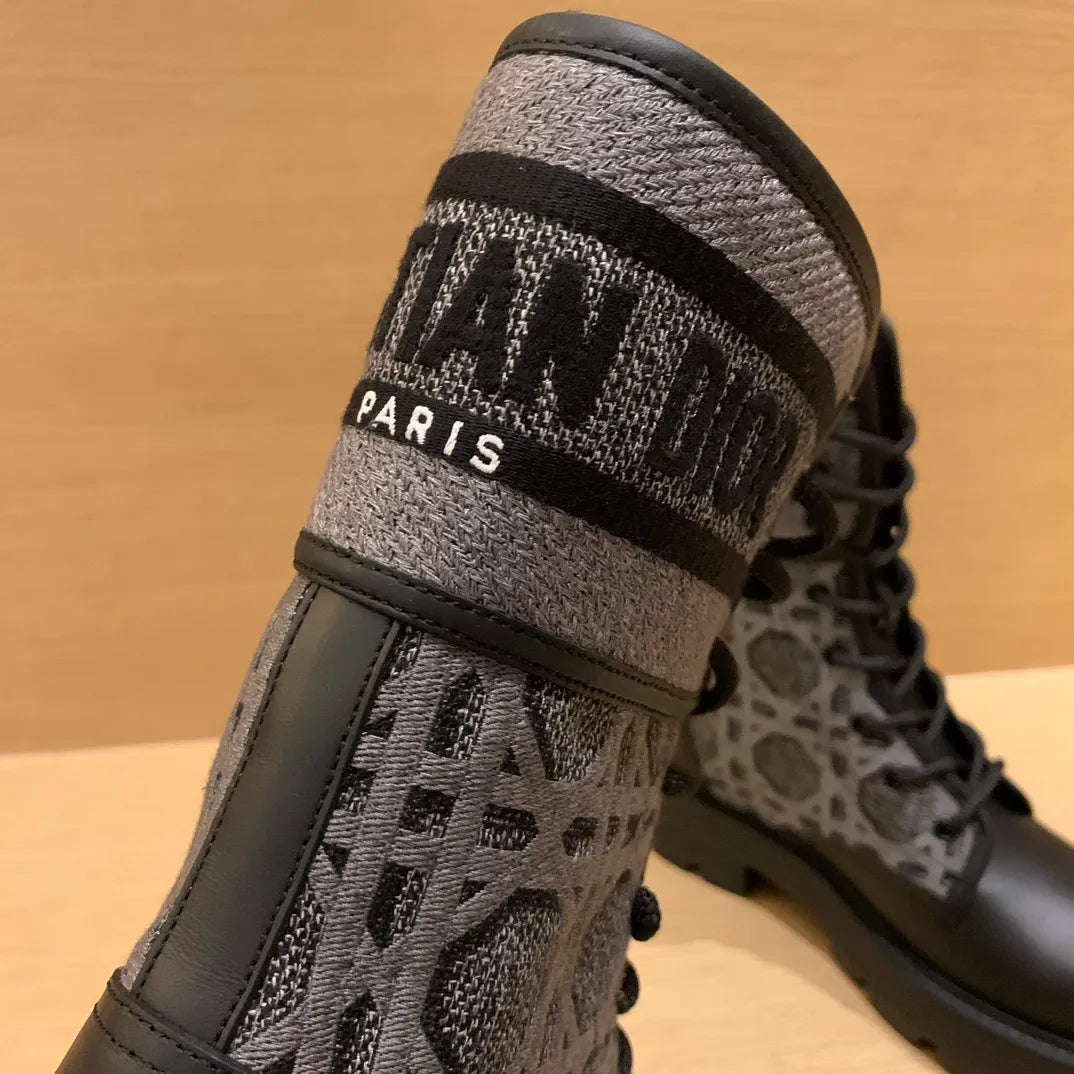 Dior Women's Ankle Boots Checkered Grey Technical Fabric Calfskin Leather 340571