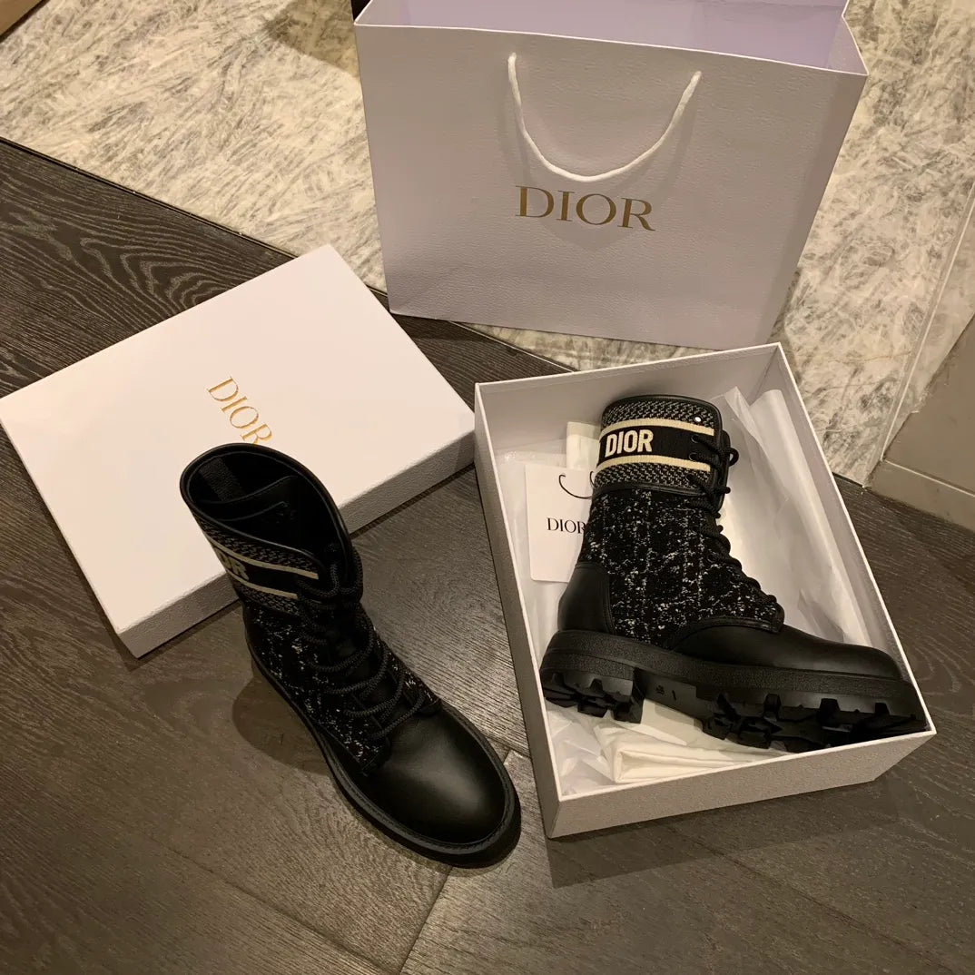 Dior Women's Ankle Boots Tweed Cowhide Leather 340563