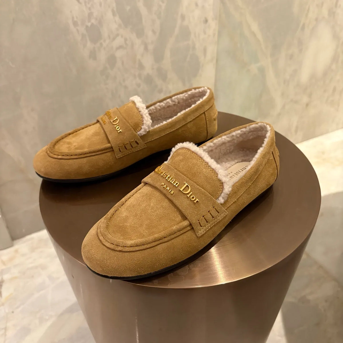 Dior Women's Dior Boy Loafers Camel Suede Shearling 339074