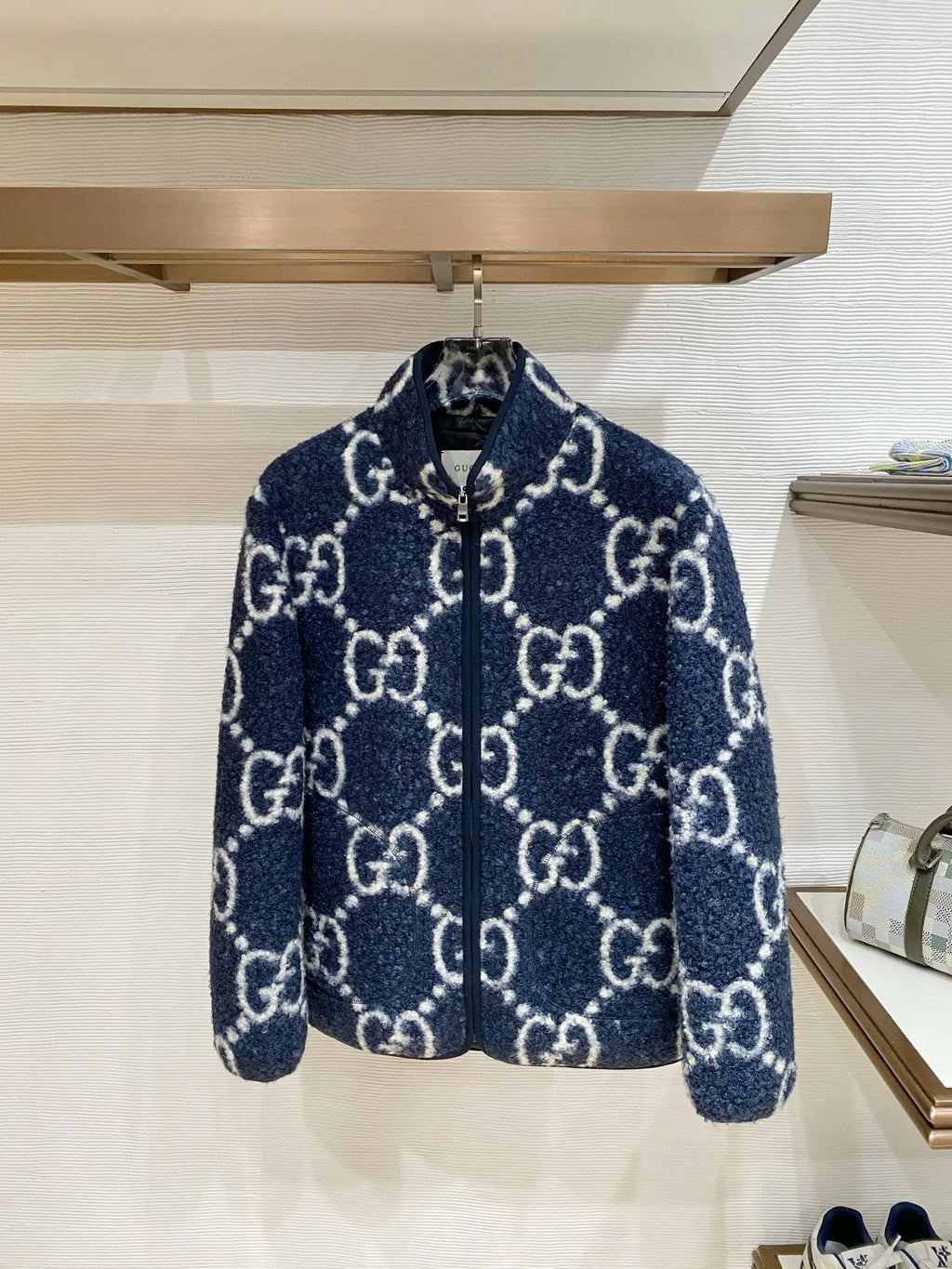 Gucci Men's GG Jacquard Shearling Stand Collar Jacket