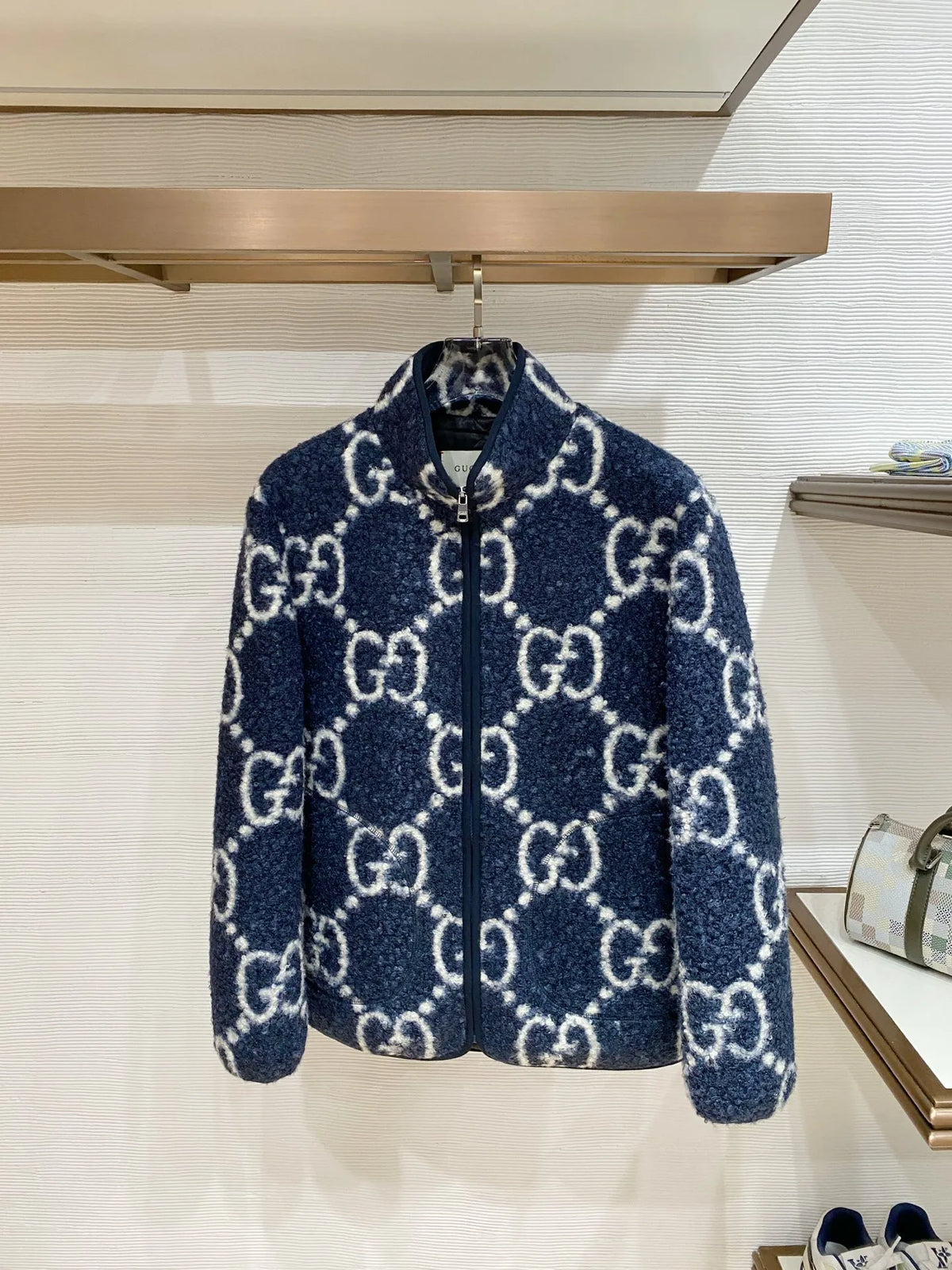 Gucci Men's GG Jacquard Shearling Stand Collar Jacket