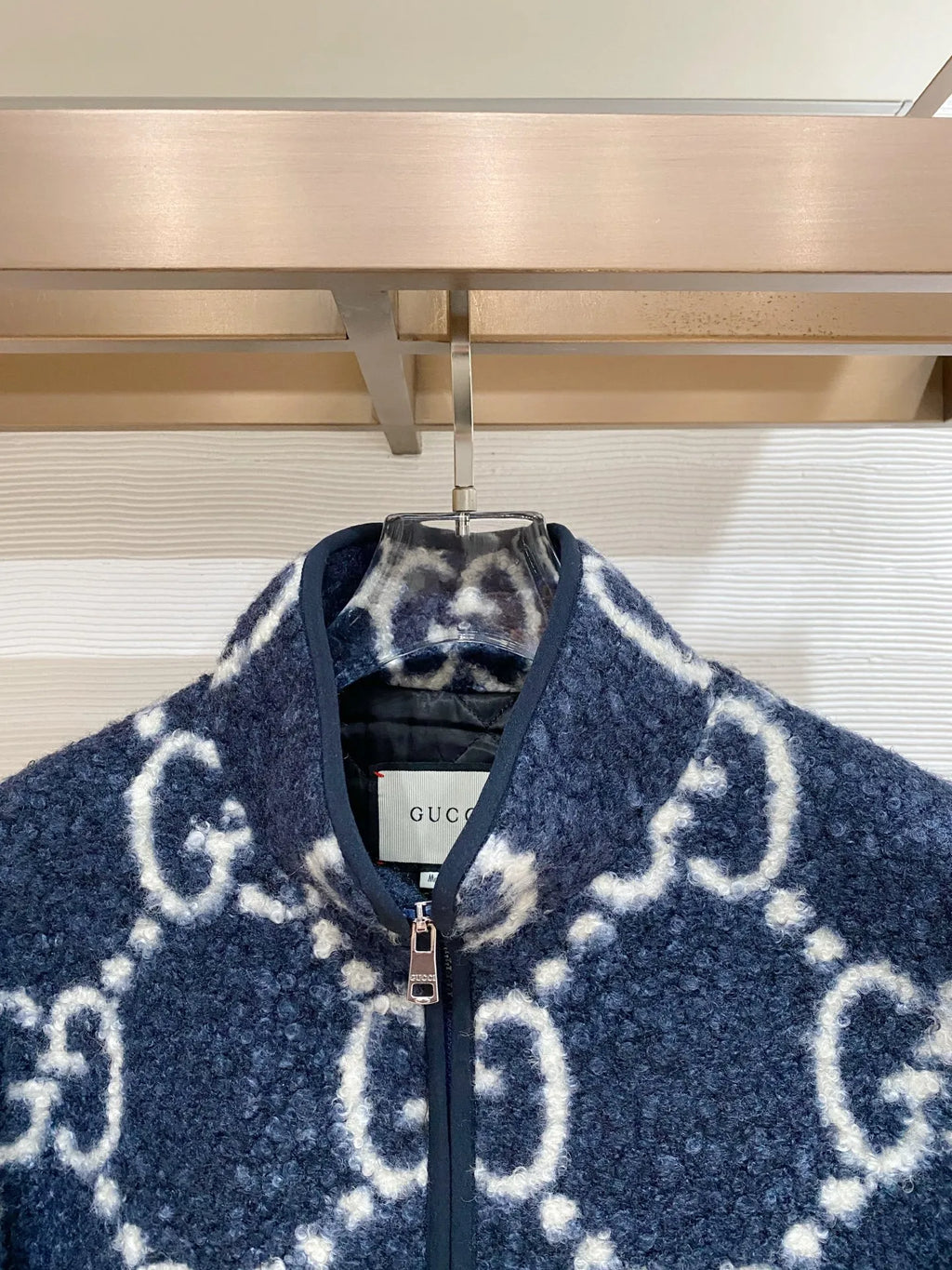 Gucci Men's GG Jacquard Shearling Stand Collar Jacket