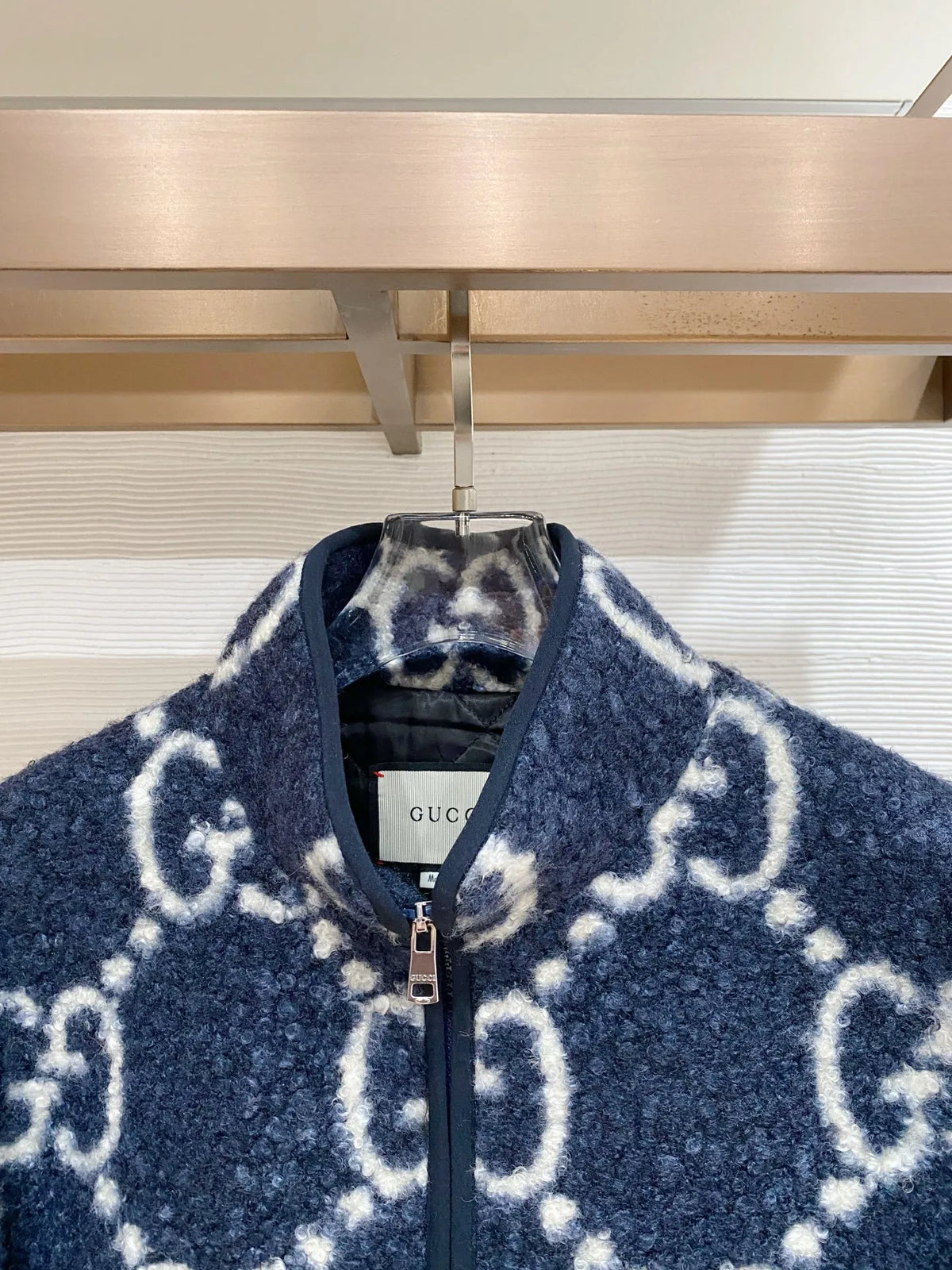 Gucci Men's GG Jacquard Shearling Stand Collar Jacket