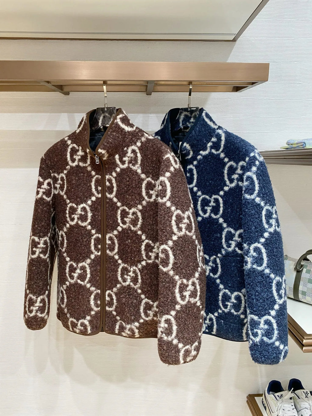 Gucci Men's GG Jacquard Shearling Stand Collar Jacket