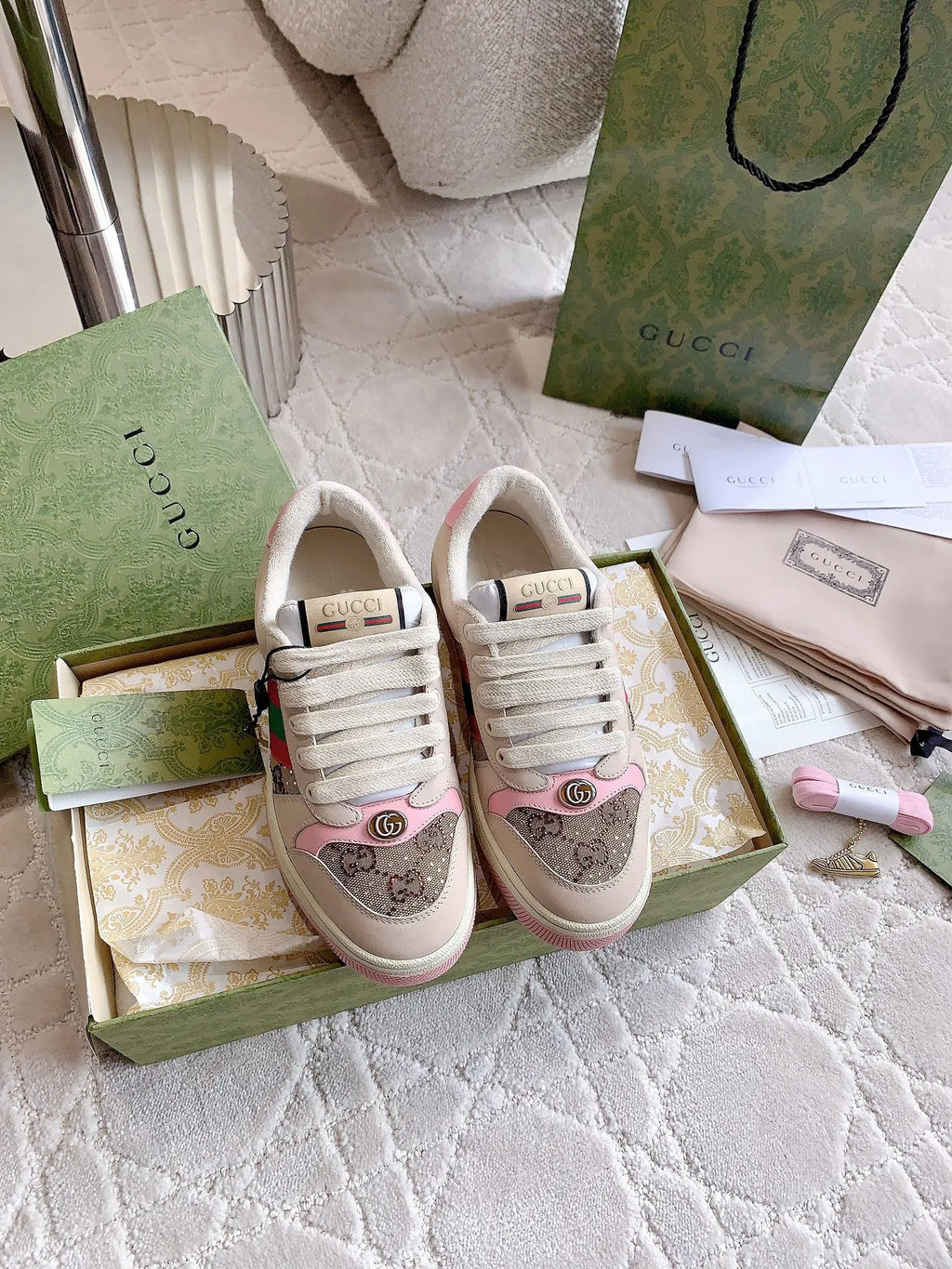 Gucci Screener Sneakers Distressed Cowhide Leather Fabric 323374
