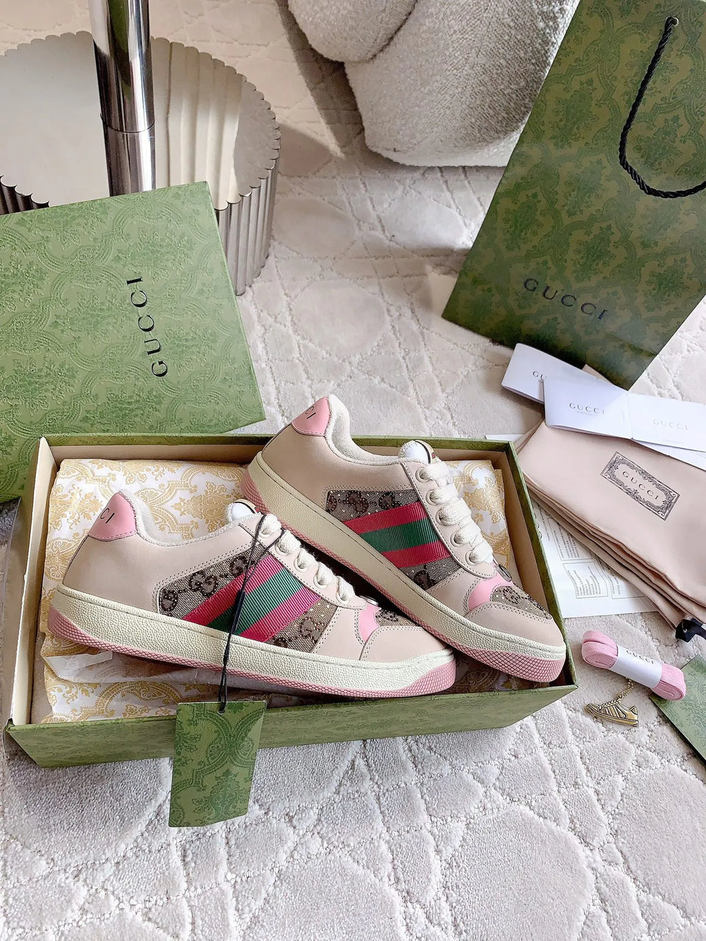 Gucci Screener Sneakers Distressed Cowhide Leather Fabric 323374