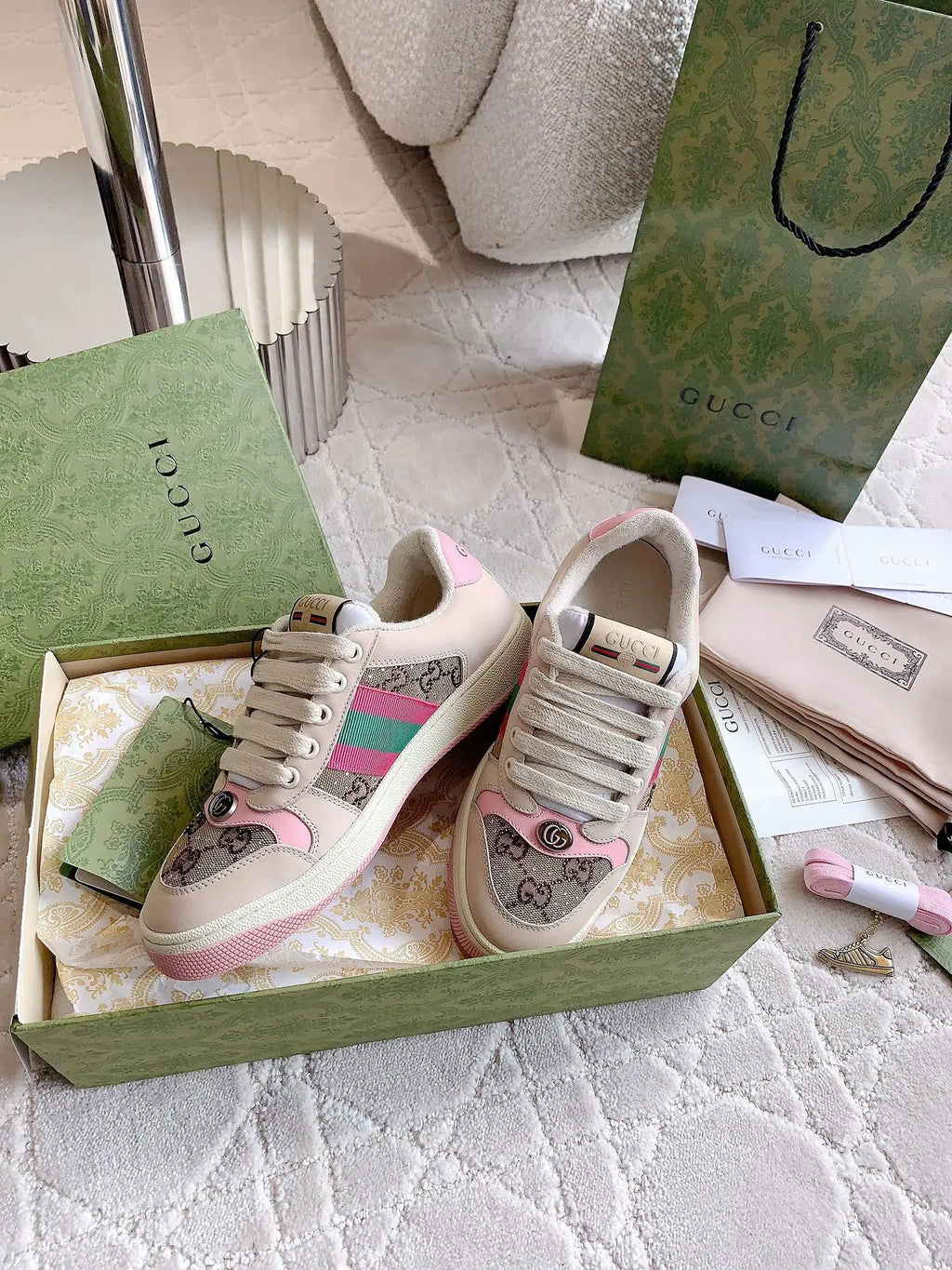 Gucci Screener Sneakers Distressed Cowhide Leather Fabric 323374