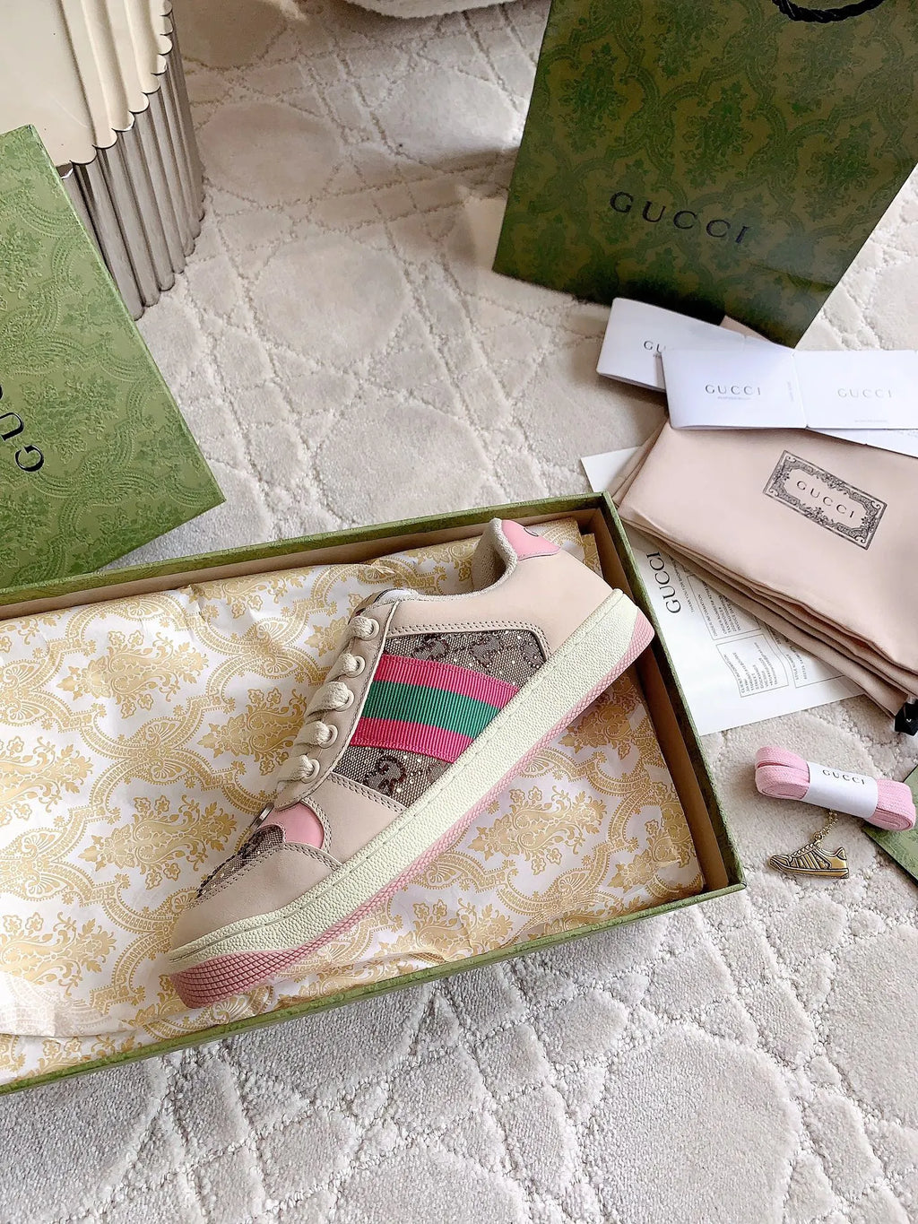Gucci Screener Sneakers Distressed Cowhide Leather Fabric 323374