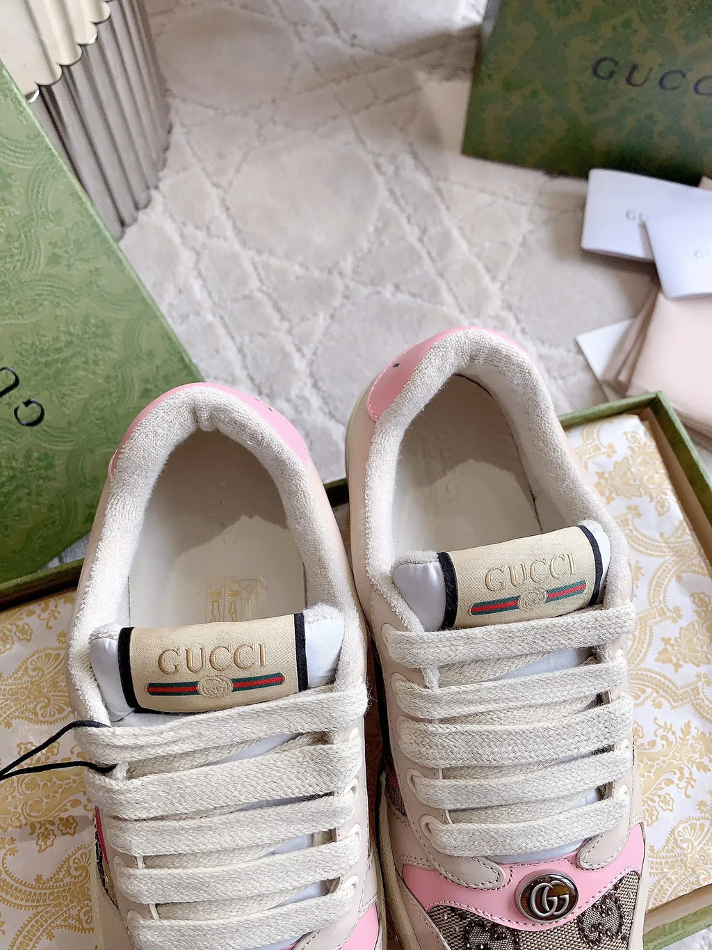Gucci Screener Sneakers Distressed Cowhide Leather Fabric 323374
