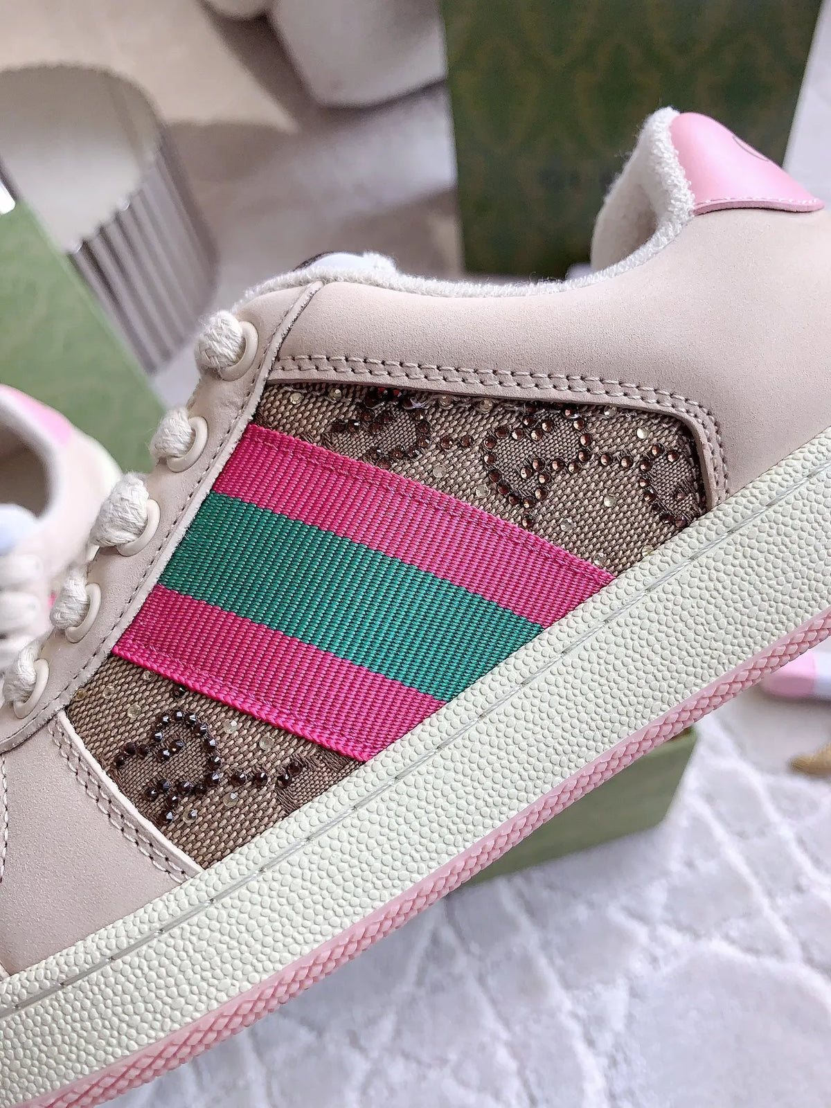 Gucci Screener Sneakers Distressed Cowhide Leather Fabric 323374