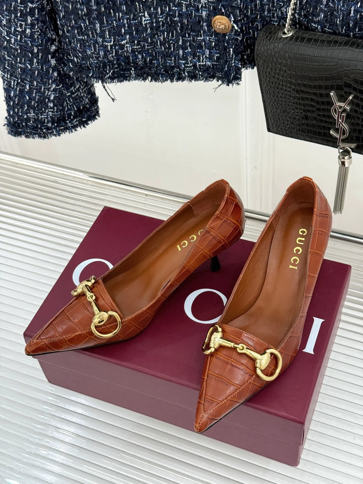 Gucci Women's Boulevard Horsebit Pointed Toe Croc Pumps 2026