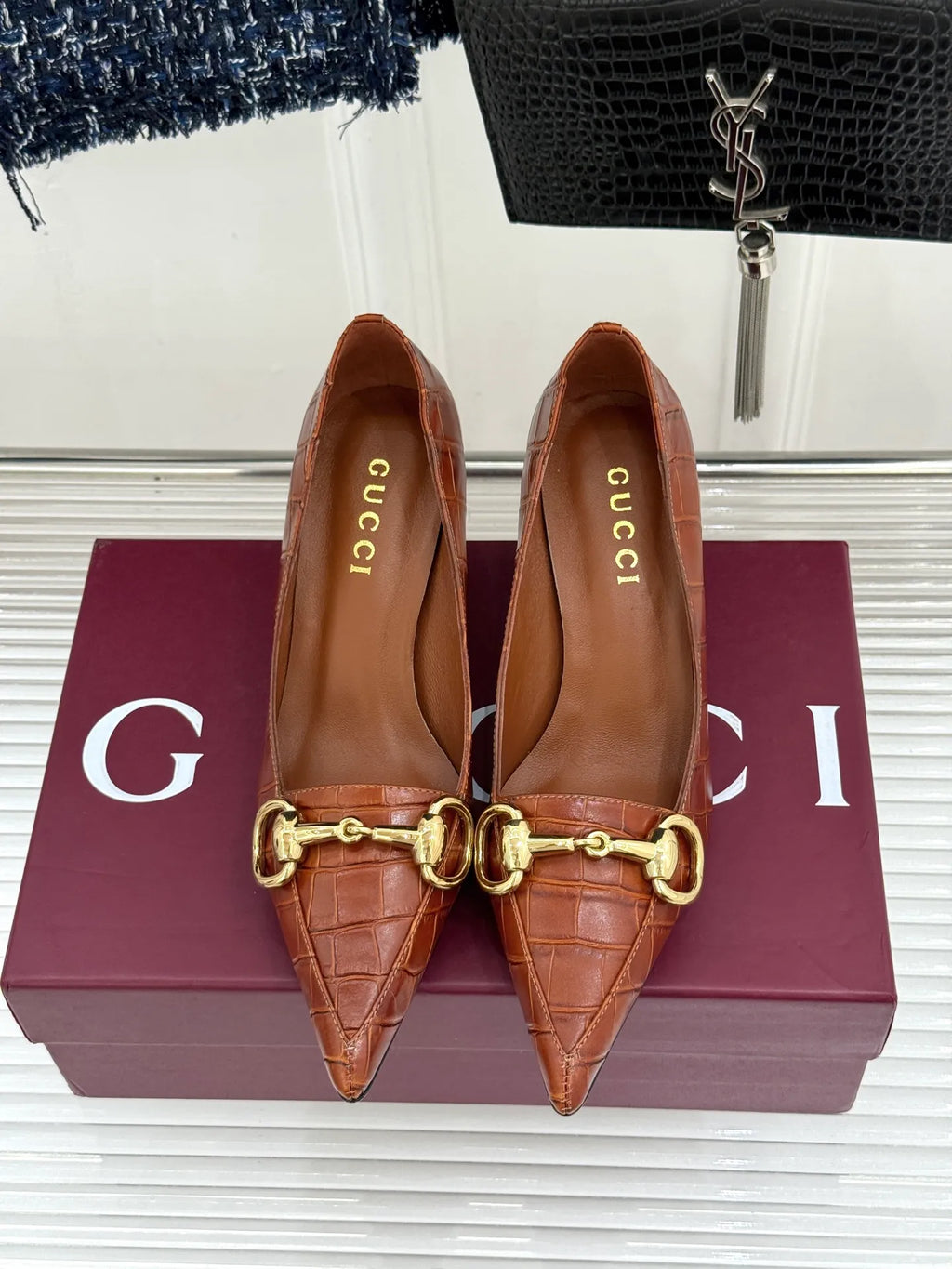 Gucci Women's Boulevard Horsebit Pointed Toe Croc Pumps 2026