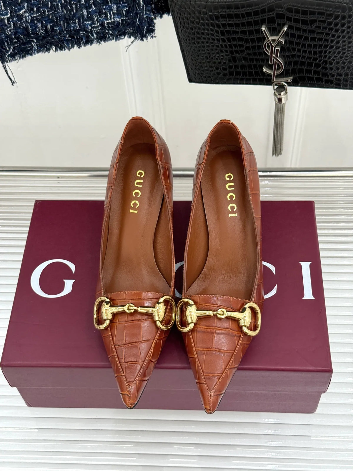 Gucci Women's Boulevard Horsebit Pointed Toe Croc Pumps 2026