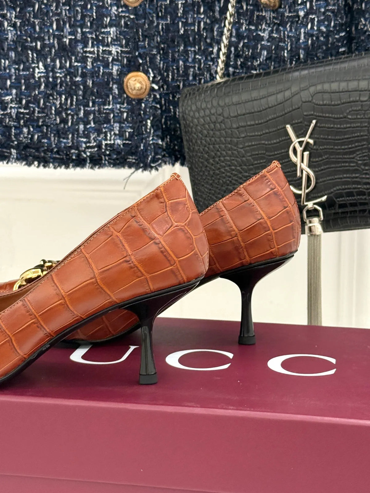 Gucci Women's Boulevard Horsebit Pointed Toe Croc Pumps 2026