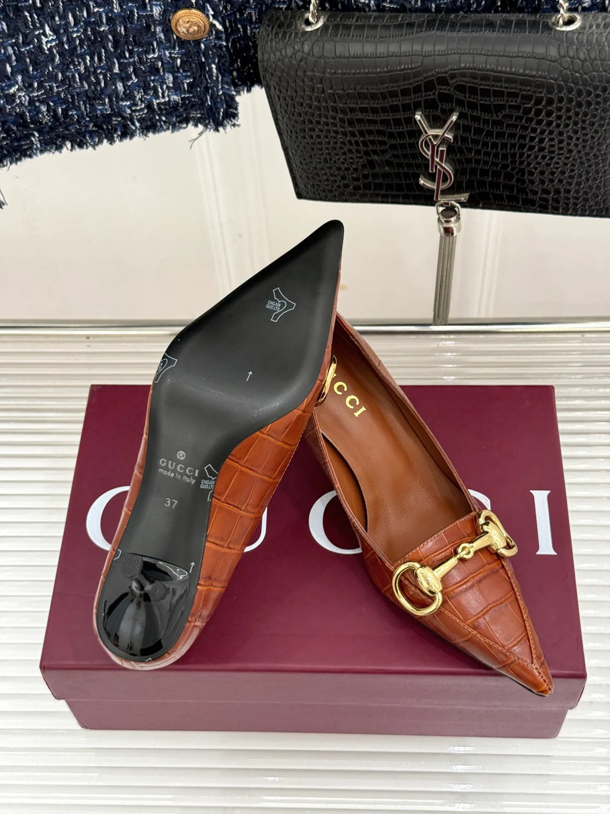Gucci Women's Boulevard Horsebit Pointed Toe Croc Pumps 2026