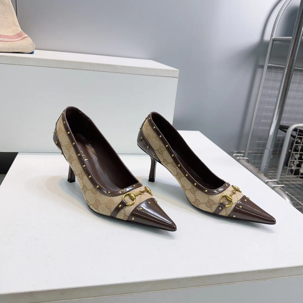 Gucci Women's Horsebit Punk Studded Monogram Canvas Velvet Pumps 2026