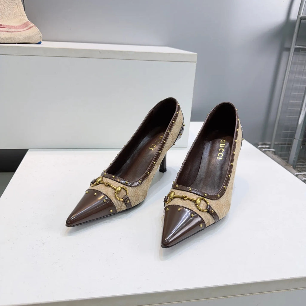 Gucci Women's Horsebit Punk Studded Monogram Canvas Velvet Pumps 2026