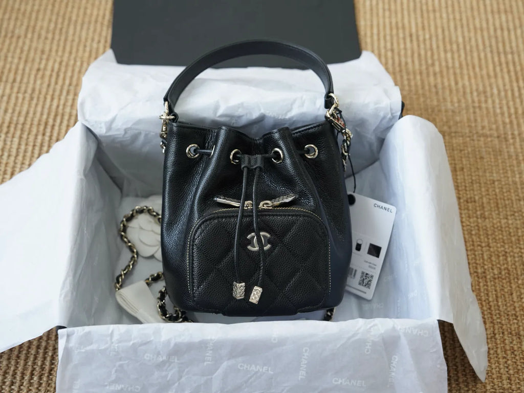 Hass Caviar Calfskin Small Drawstring Bucket Bag 136867