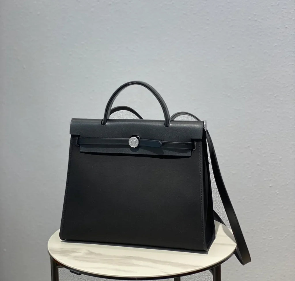 Herbag 12.2 in Canvas Leather Handbag 10110010 Classic Black