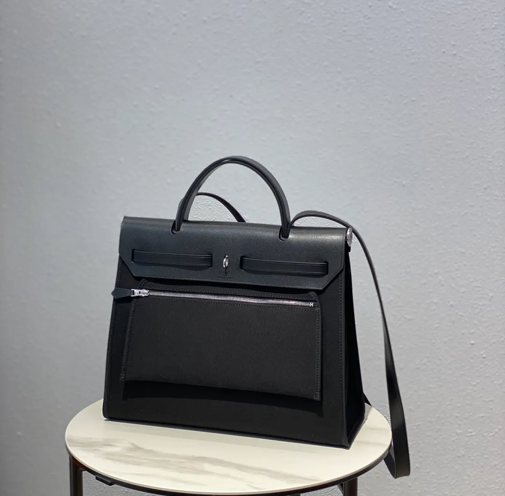 Herbag 12.2 in Canvas Leather Handbag 10110010 Classic Black