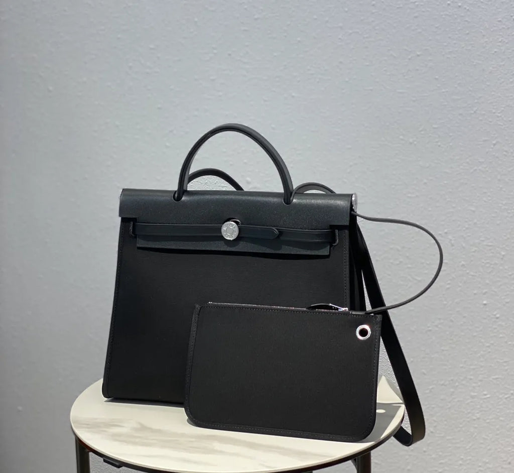 Herbag 12.2 in Canvas Leather Handbag 10110010 Classic Black