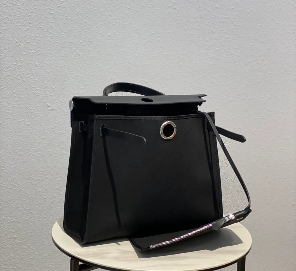 Herbag 12.2 in Canvas Leather Handbag 10110010 Classic Black