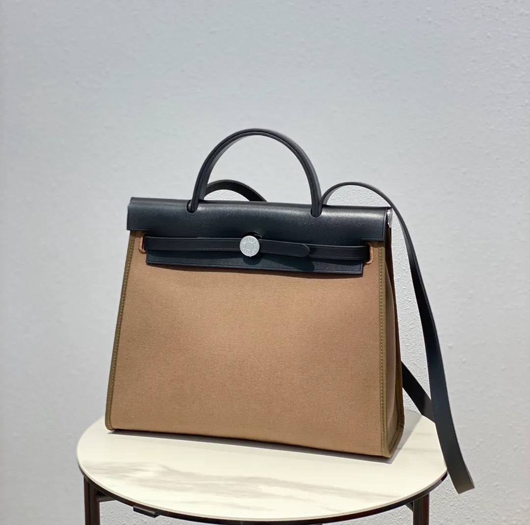 Herbag 31 Canvas and Leather Shoulder Bag Elephant Grey
