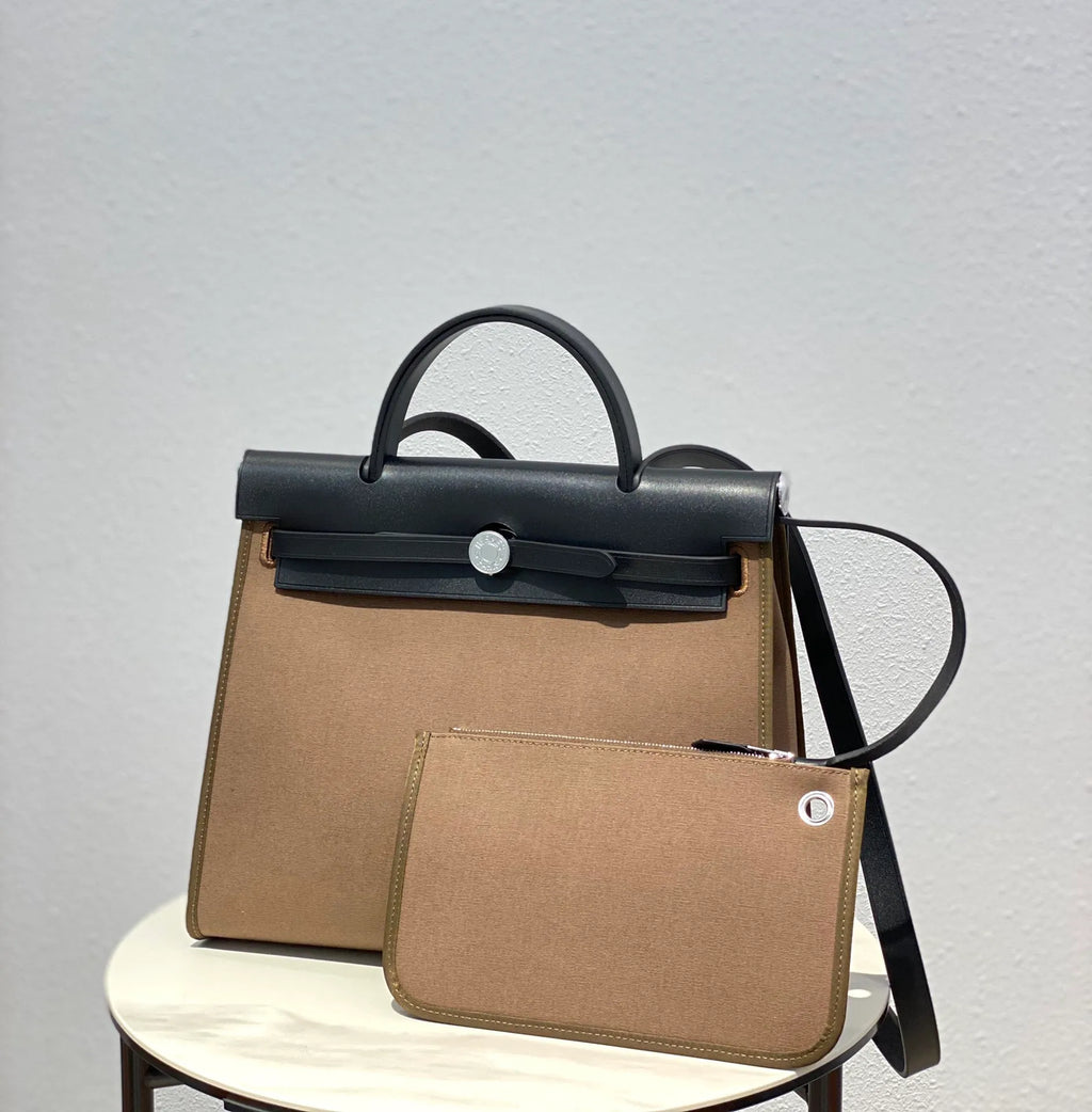 Herbag 31 Canvas and Leather Shoulder Bag Elephant Grey
