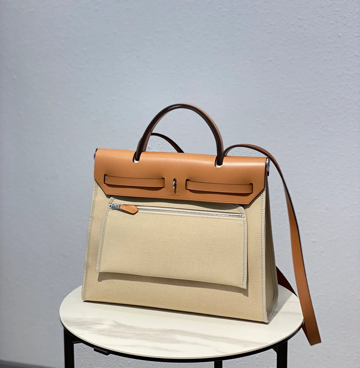 Herbag 31 Canvas and Leather Shoulder Bag Milk Apricot