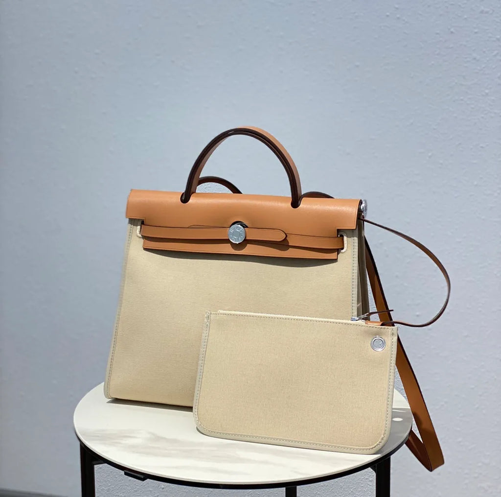 Herbag 31 Canvas and Leather Shoulder Bag Milk Apricot