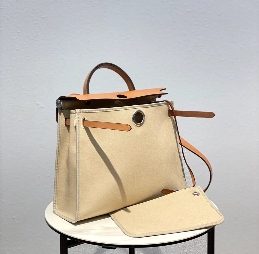 Herbag 31 Canvas and Leather Shoulder Bag Milk Apricot