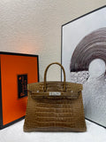 Hermès Birkin 30 Shiny Alligator Handbag Havana Silver