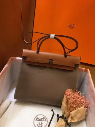 Hermès Herbag 31 Canvas Leather Handbag Elephant Grey