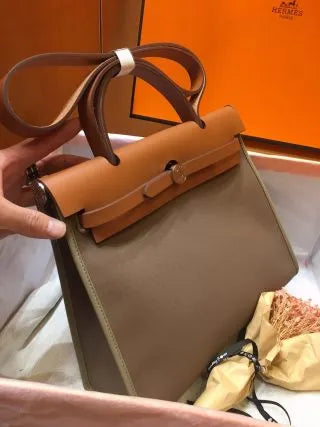 Hermès Herbag 31 Canvas Leather Handbag Elephant Grey