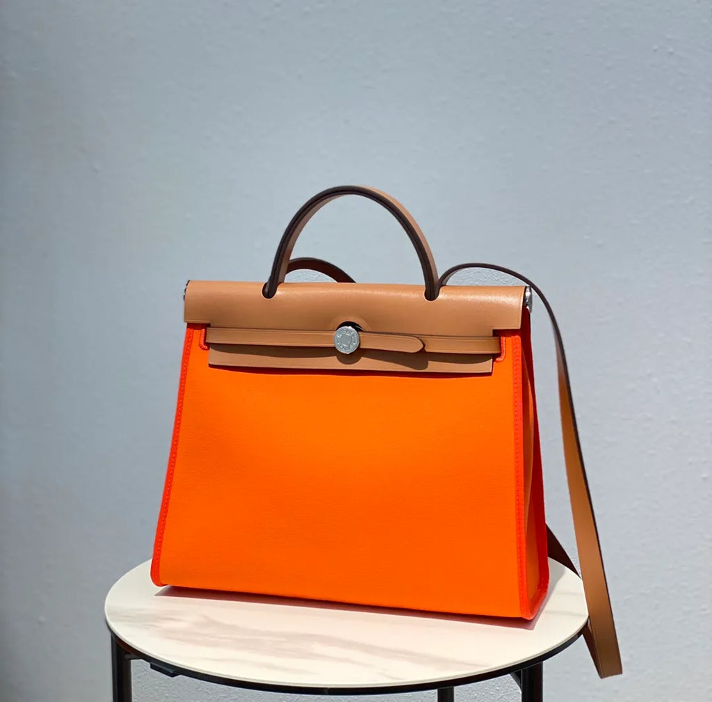 Hermès Herbag 31 Canvas Leather Handbag Vibrant Orange