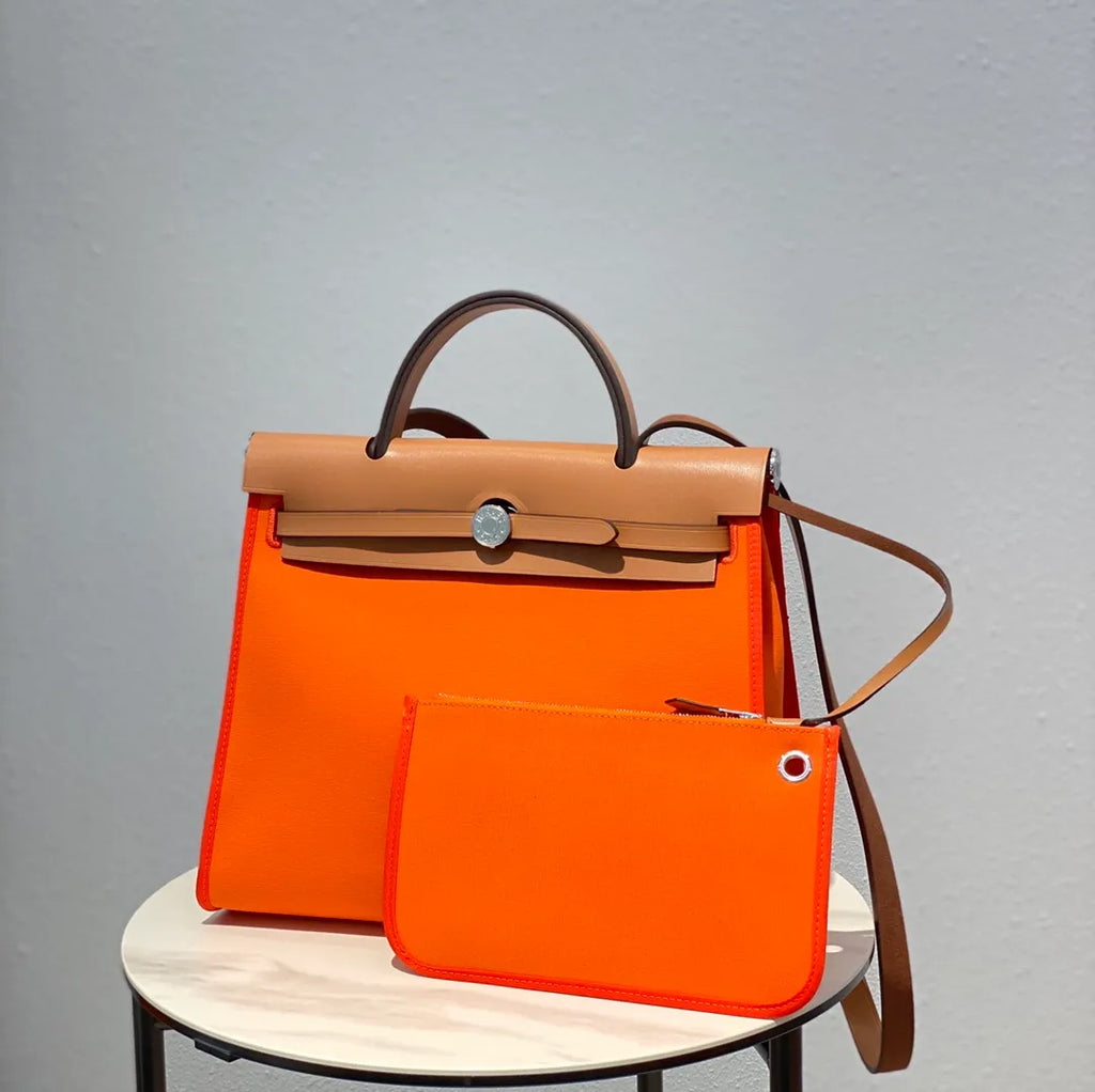 Hermès Herbag 31 Canvas Leather Handbag Vibrant Orange
