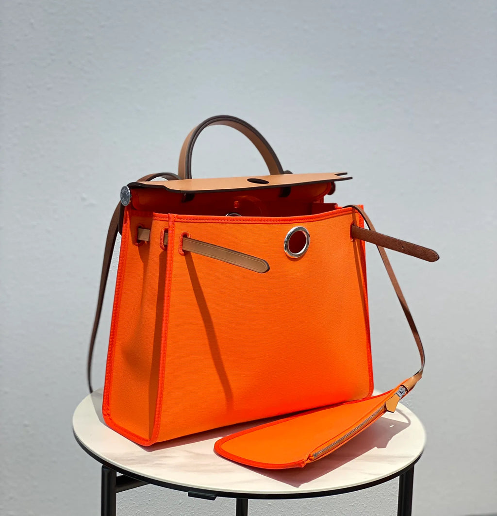 Hermès Herbag 31 Canvas Leather Handbag Vibrant Orange