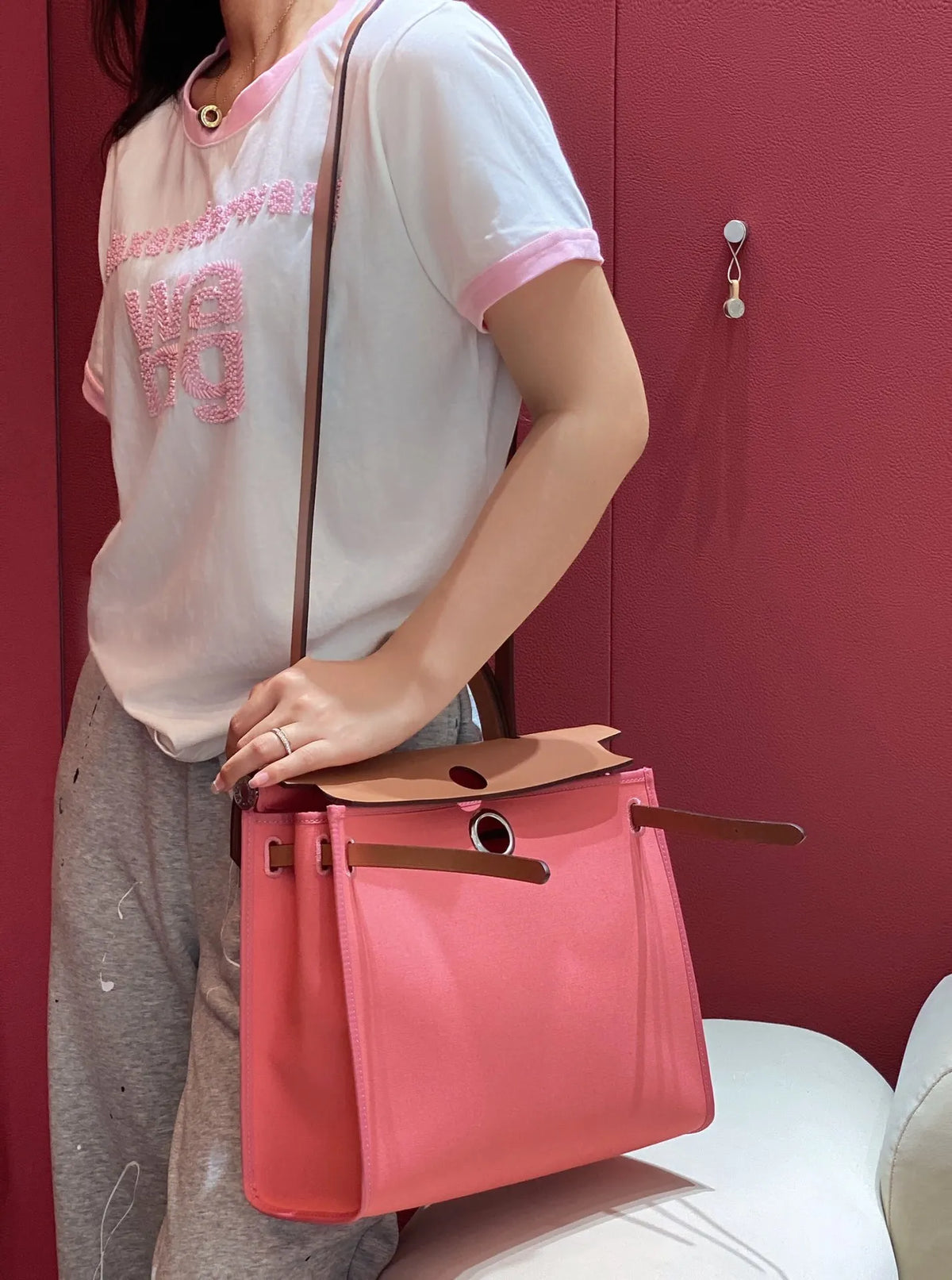 Hermès Herbag Canvas and Leather Shoulder Bag Rose Lipstick