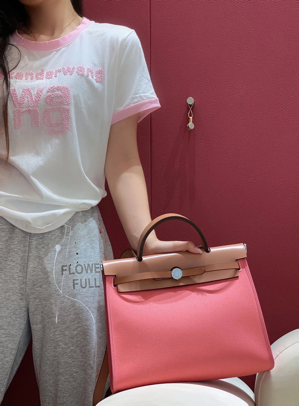 Hermès Herbag Canvas and Leather Shoulder Bag Rose Lipstick