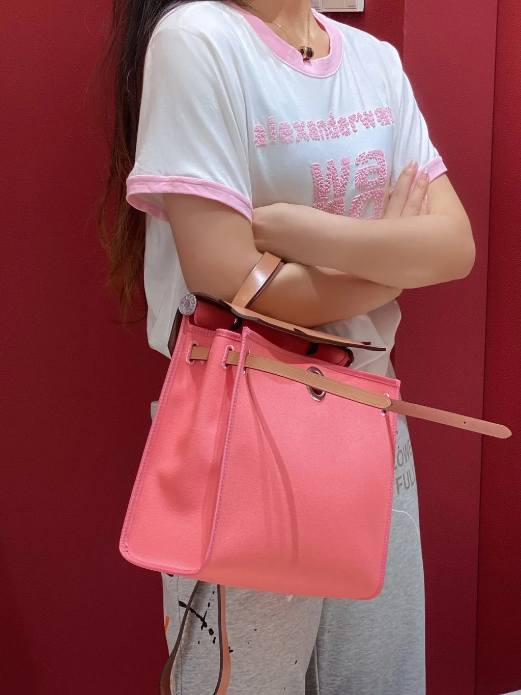 Hermès Herbag Canvas and Leather Shoulder Bag Rose Lipstick