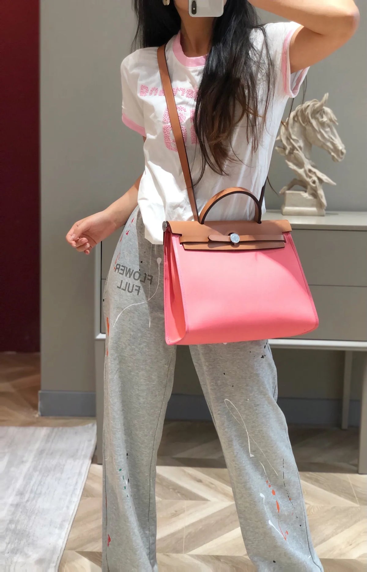 Hermès Herbag Canvas and Leather Shoulder Bag Rose Lipstick